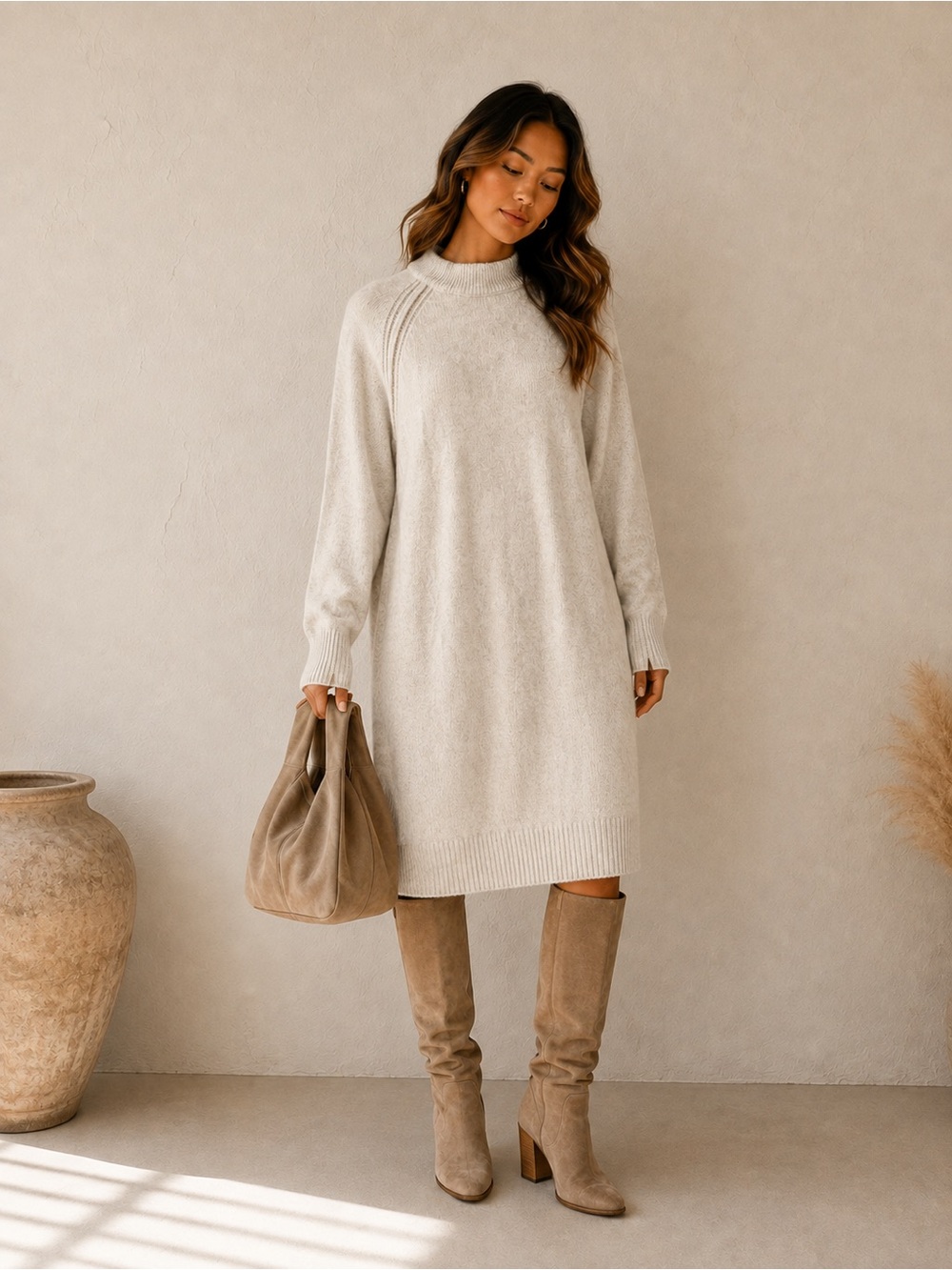 Sanctuary NWOT Cozy Cream Mock Neck Sweater Dress Soft Knit Quiet Luxury